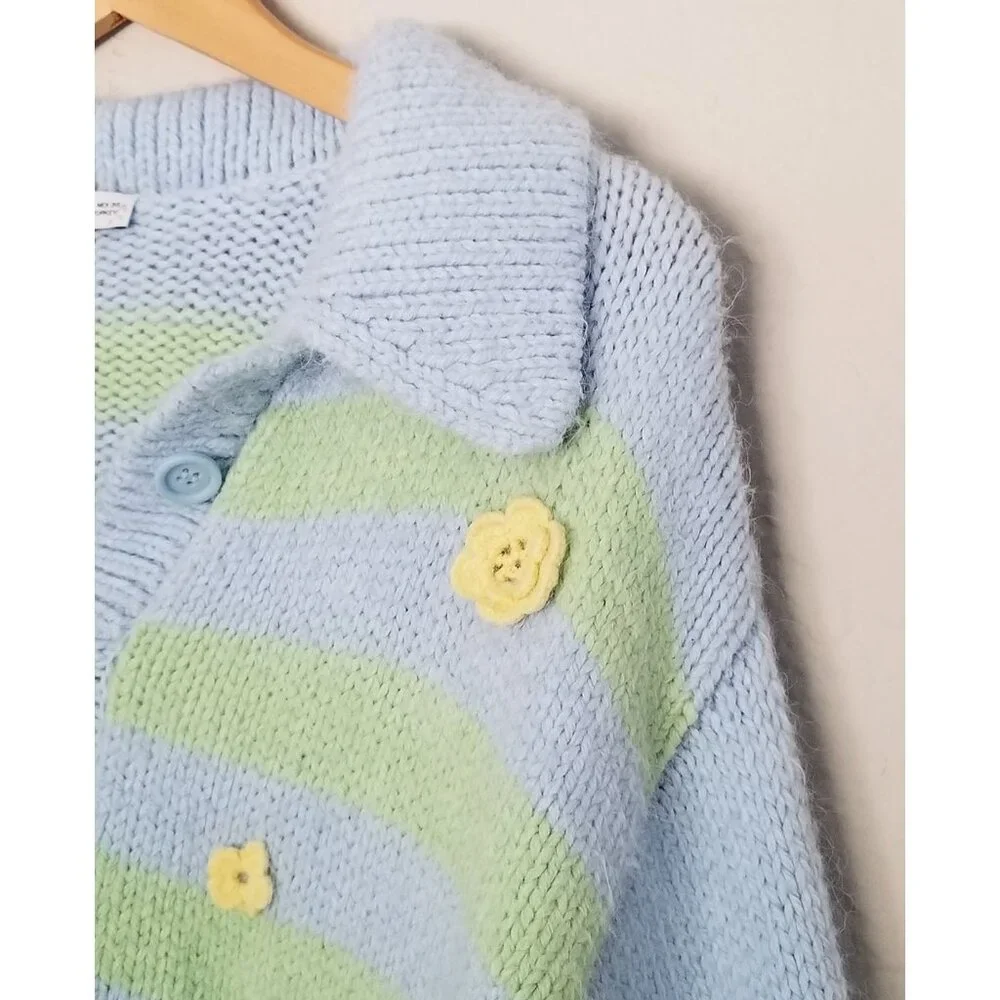 Zara Crochet 3D Floral Embroidered Striped Polo Collared Sweater L Blue Fairy - Picture 10 of 16